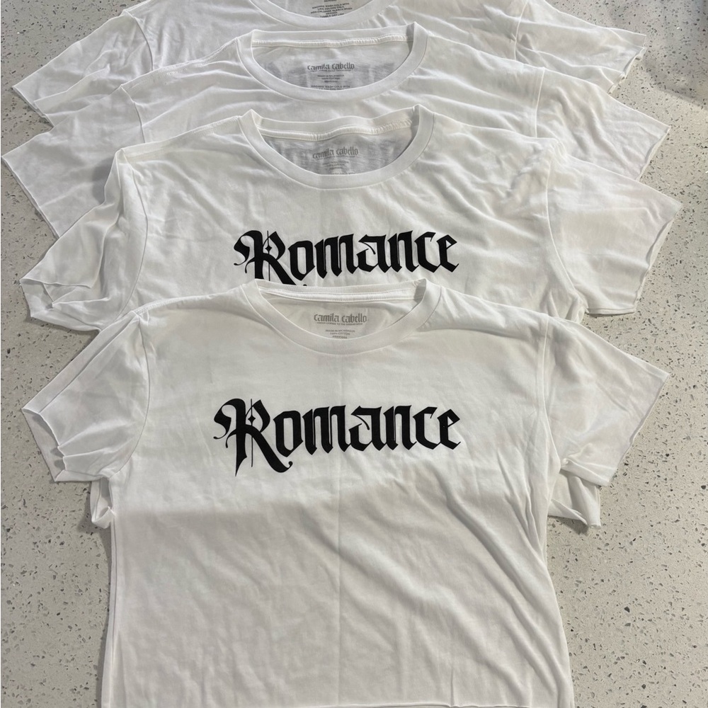 Camila Cabello White Graphic T-Shirt with 'Romance' Print